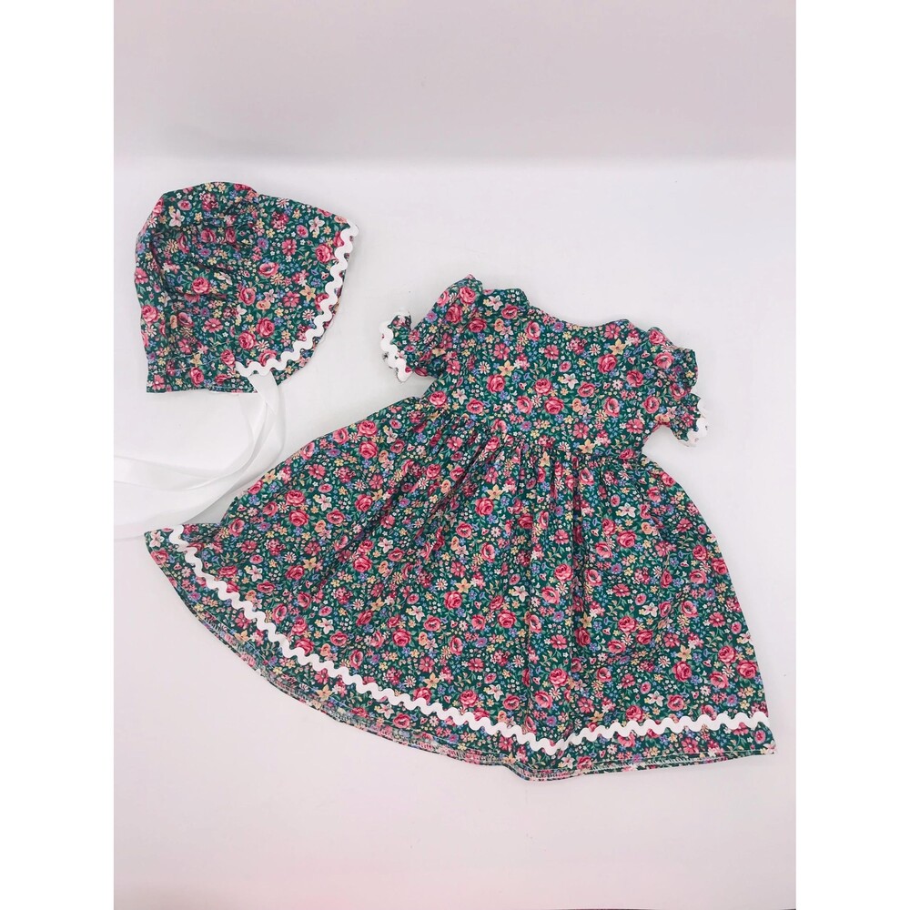 Pioneer Doll Dress & Bonnet, Handmade For 18 Inch Dolls Floral Rose on Green
